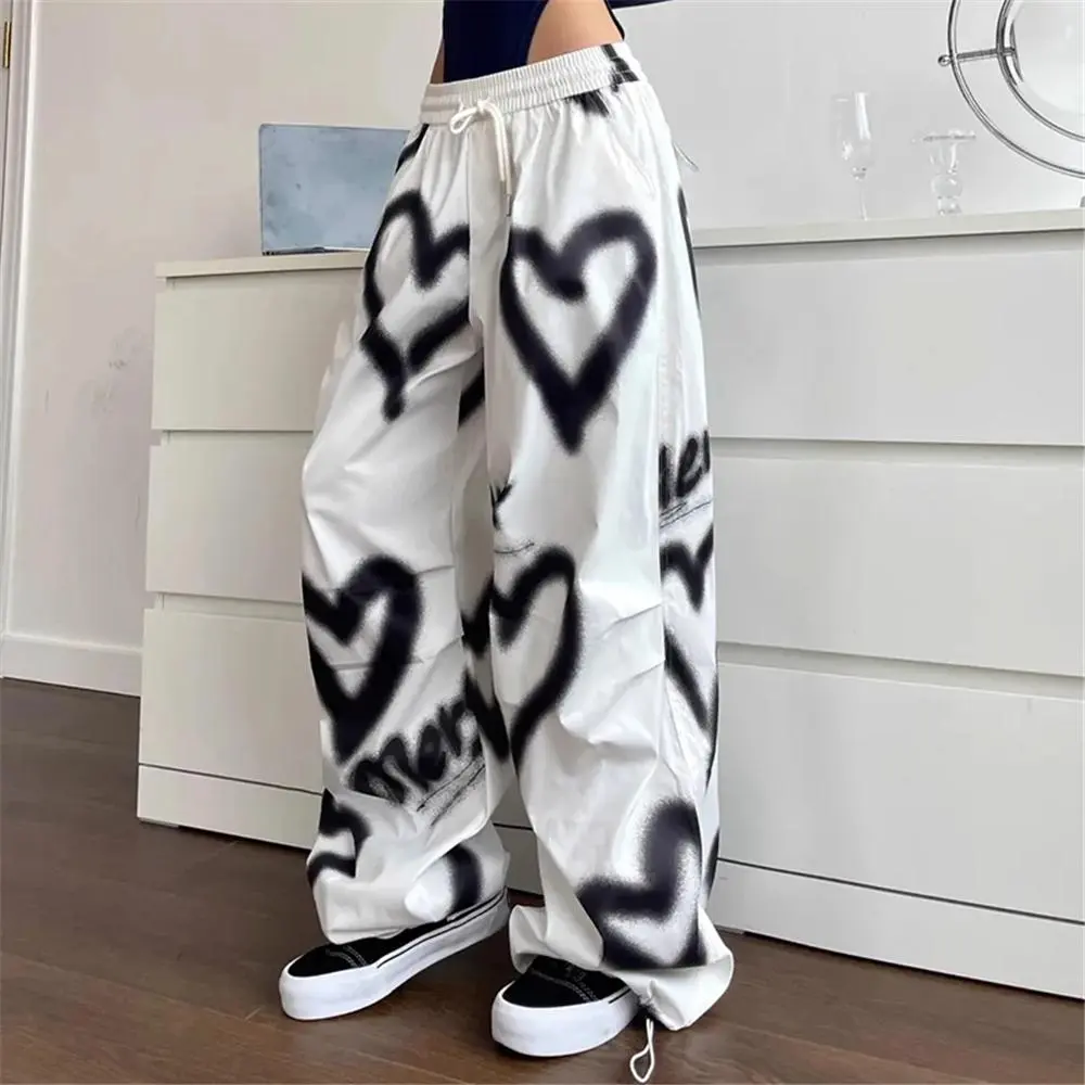 Love Graffiti Wide Leg Pants Women y2k Elastic High Waist Streetwear Loose Drawstring Jogging Trousers Korean Casual Sweatpants