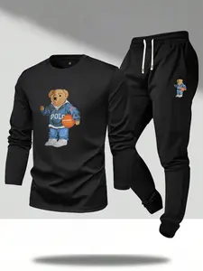 Men's spring and autumn thin loose long-sleeved T-shirt trousers sweatpants set basketball bear print pattern versatile fashion casual going out men's pocket sports elastic waist drawstring pants two-piece set, suitable for men's great gifts, street, comm