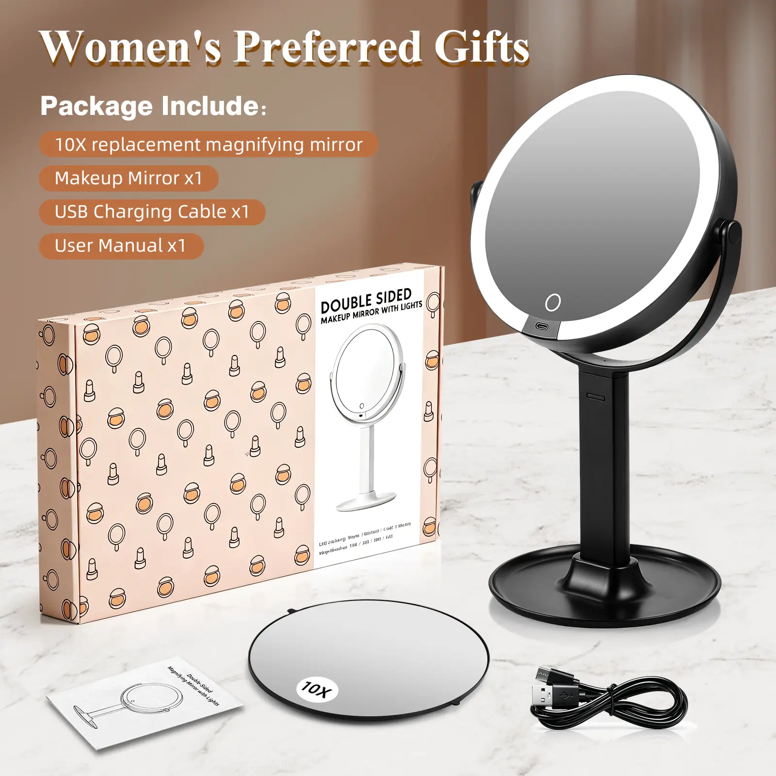 sohochic Black 8.8-Inch Double-Sided Vanity Makeup Mirror - 30X Magnifying, Dimmable Light Touch Switch, 3 Color Modes, 80 LEDs, for Makeup Prep & Vanity Use