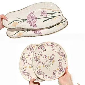 Vintage Lavender Farm Ceramic Plates, Round Long Irregular Shape Design, Hand-Painted Embossed Lavender Craft, Suitable for Various Dishes