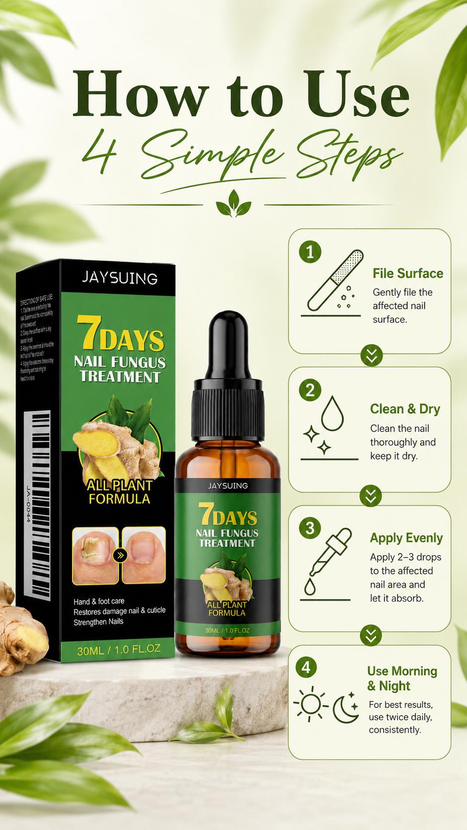 JAYSUING 7 Days Fast Acting Nail Care Essence, Cuticle Oil & Nail Growth Oil, 30 mL Ginger Root Dropper Serum for Rough‑Looking & Thick‑Looking Nails and Cuticles, Daily Hand and Foot Care