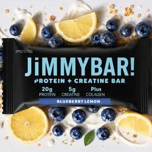 JiMMYBAR! Blueberry Lemon Creatine Protein Bar with Collagen - 20g Protein, 5g Creatine - Gluten-Free, Peanut-Free - 12 or 24 Count Box - Natural Ingredient Snack with Homemade Almond Butter Base