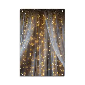 Fairy Lights Sheer Curtain Tin Sign， Vintage Romantic Warm White String Lights Metal Sign Print Aesthetic Room Decoration for Home Bedroom Kitchen Bar Dorm Bathroom Wall Decor 8 X 12 Inch