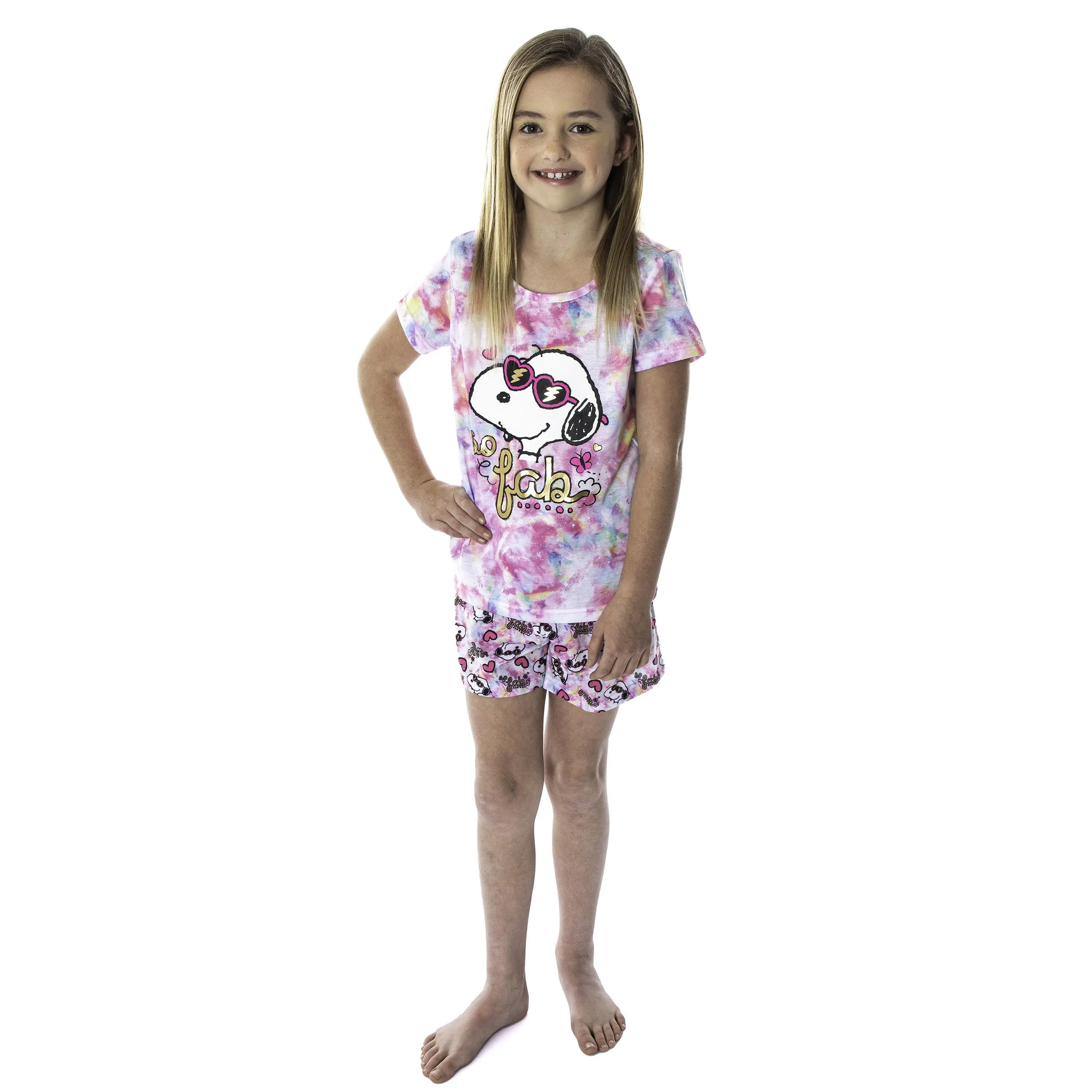 Peanuts Girls' 2-Piece Print Sleepwear Set - Snoopy Themed Tie-Dye Shirt and Shorts Sleepwear Set Shorts