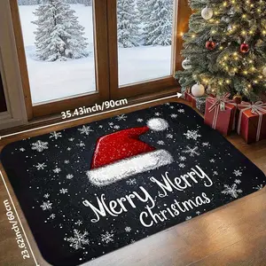 Festive Red & White Snowflake Merry Christmas Doormat with Black Background & Golden Lettering - Non-Slip Backing, Machine Washable Rectangular Mat for Entryway, Outdoor - Soft Polyester Indoor/Outdoor Holiday Mat with Black Snowflake & Red Bow Design