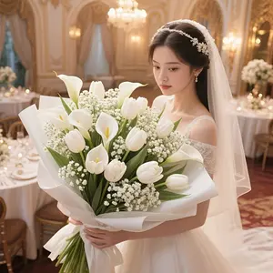 32-stem calla lily, tulip and baby's Breath combination artificial flower bouquet - suitable for Christmas, Thanksgiving, seasonal, Decorative decoration, applicable for home, outdoor, living room, wedding, Valentine's Day decoration