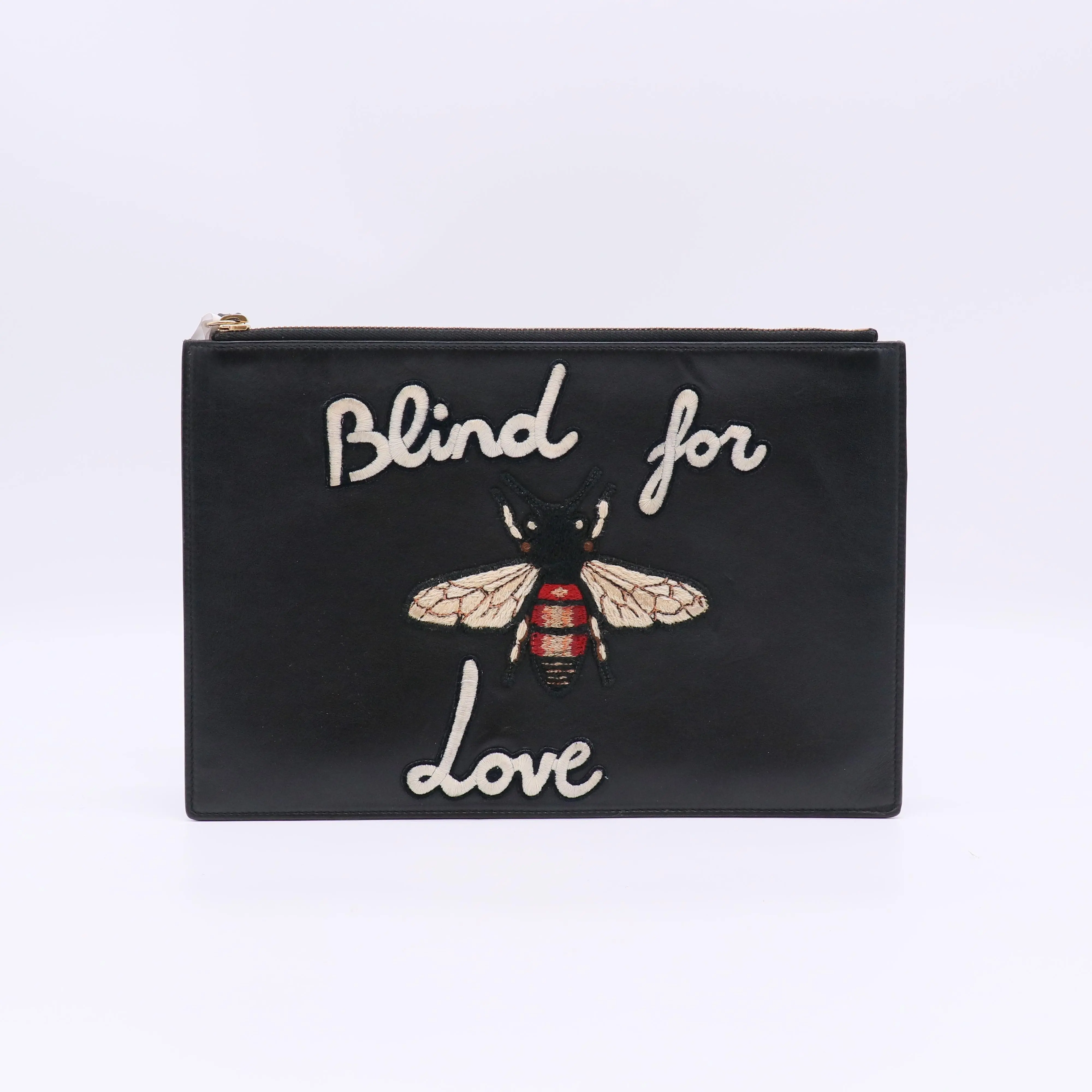 Pre-owned GUCCI Canvas Small Leather Goods Black Leather Embroidered Blind For Love Bee Zip Pouch twins W22443