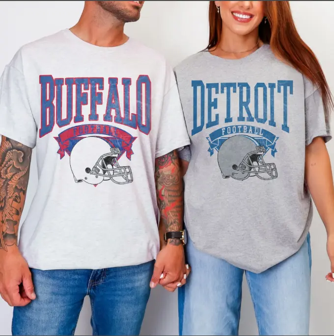 Menswear Soft Cotton Short-Sleeve T-Shirts - Vintage Buffalo Detroit Football Retro Helmet Graphic, Distressed Collegiate Lettering, Oversized Couple Matching Crewnecks for Sports Fans