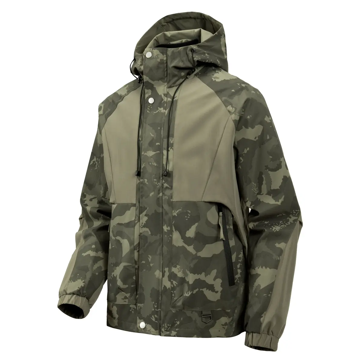 Men Color Block Camo Hooded Jacket, Waterproof Zip Up Camouflage Windbreaker with Snap Buttons & Drawstring Hood, Elastic Cuffs Outdoor Tactical Hiking Outerwear