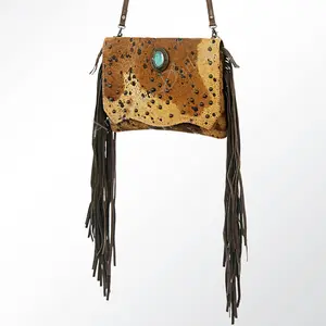 American Darling Small Cross body Bag Hair-On Cowhide Genuine Leather Western Purse with Turquoise Concho and Fringes