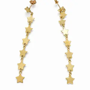 14K Gold Star Dangle Earrings Long Elegant Design with Sparkling Stones for Women's Fashion