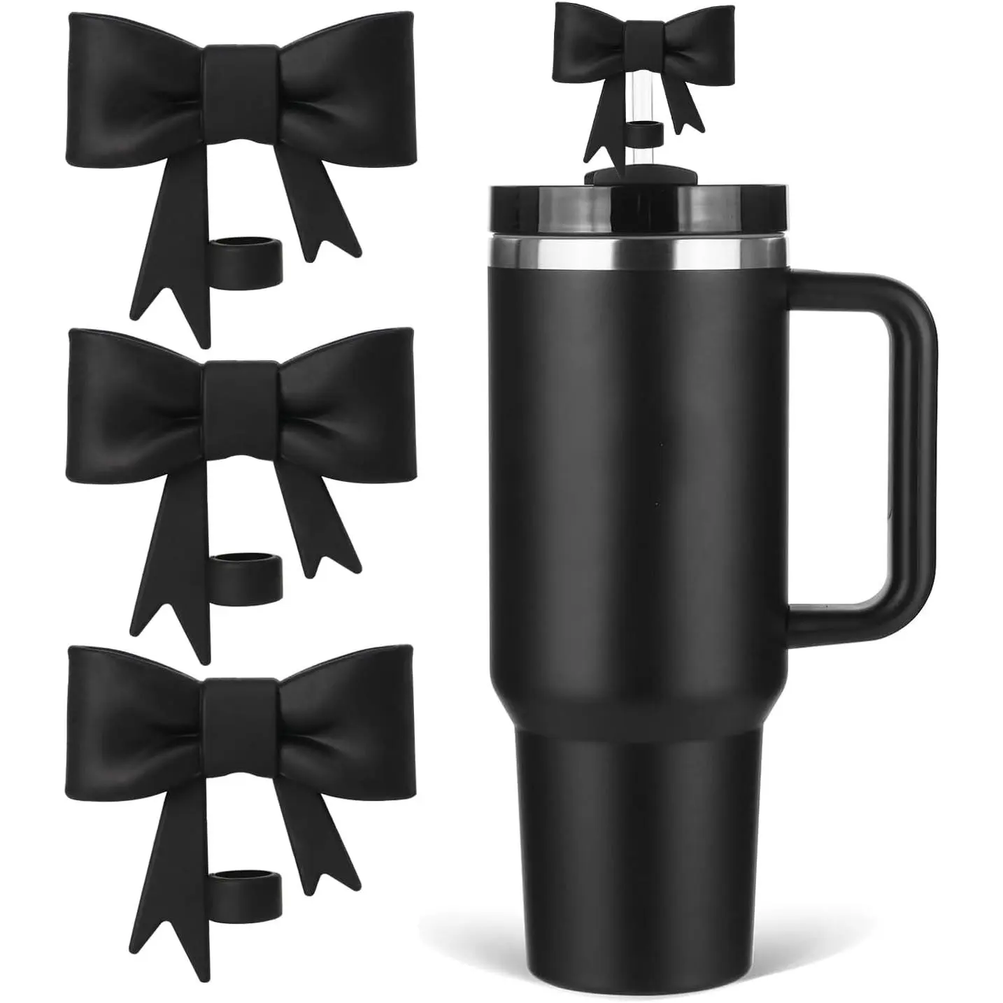Bow Straw Cover Topper for  Cup, Black Straws Toppers for Tumbler with Handle 40oz,Cute 10mm/0.4in Covers Cap,Dust-Proof  Lids for Stanleys Cups Accessories