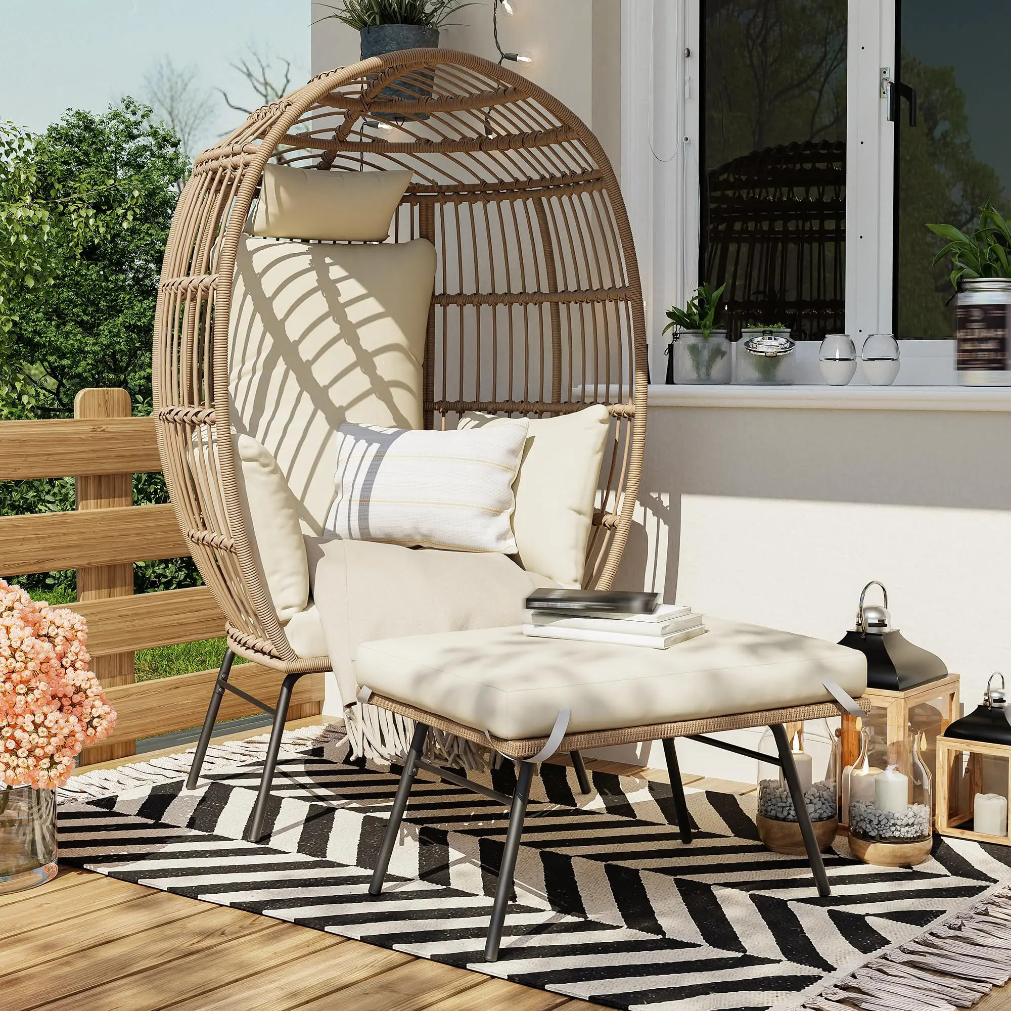 [GAOMON] Oversized Egg Boho Weave Lounger Set, Extra-Wide Rattan Frame Wicker Egg Chair with 4 Cushions & Ottoman, Outdoor Patio Porch Rattan Reading Chair, Beige, Weatherproof