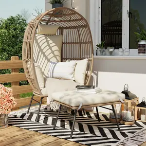 GAOMON Big Egg Chair with 4 Comfy Cushions, Oversize Wicker Egg Shaped Lounger with Ottoman, Rattan Reading Chairs for Outdoor Patio Porch Backyard,Beige