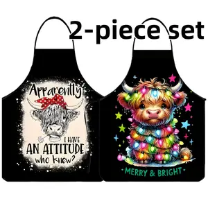 2-piece Set Cute Highland Cattle Print Aprons,Unisex Polyester Apron,Cooking Apron, Valentine's Day Gift, Apron for Women,Kitchen Essentials,Mother's Day Gift, Highland Cow,Nails Design Tool