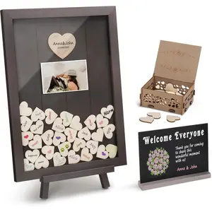 Solid  Wedding Guest Book Alternative - Rustic Drop Top Picture Frame Sign with Chalkboard, 100 count Wooden Hearts, Storage Box - Wedding Reception for Party Anniversary Birthday
