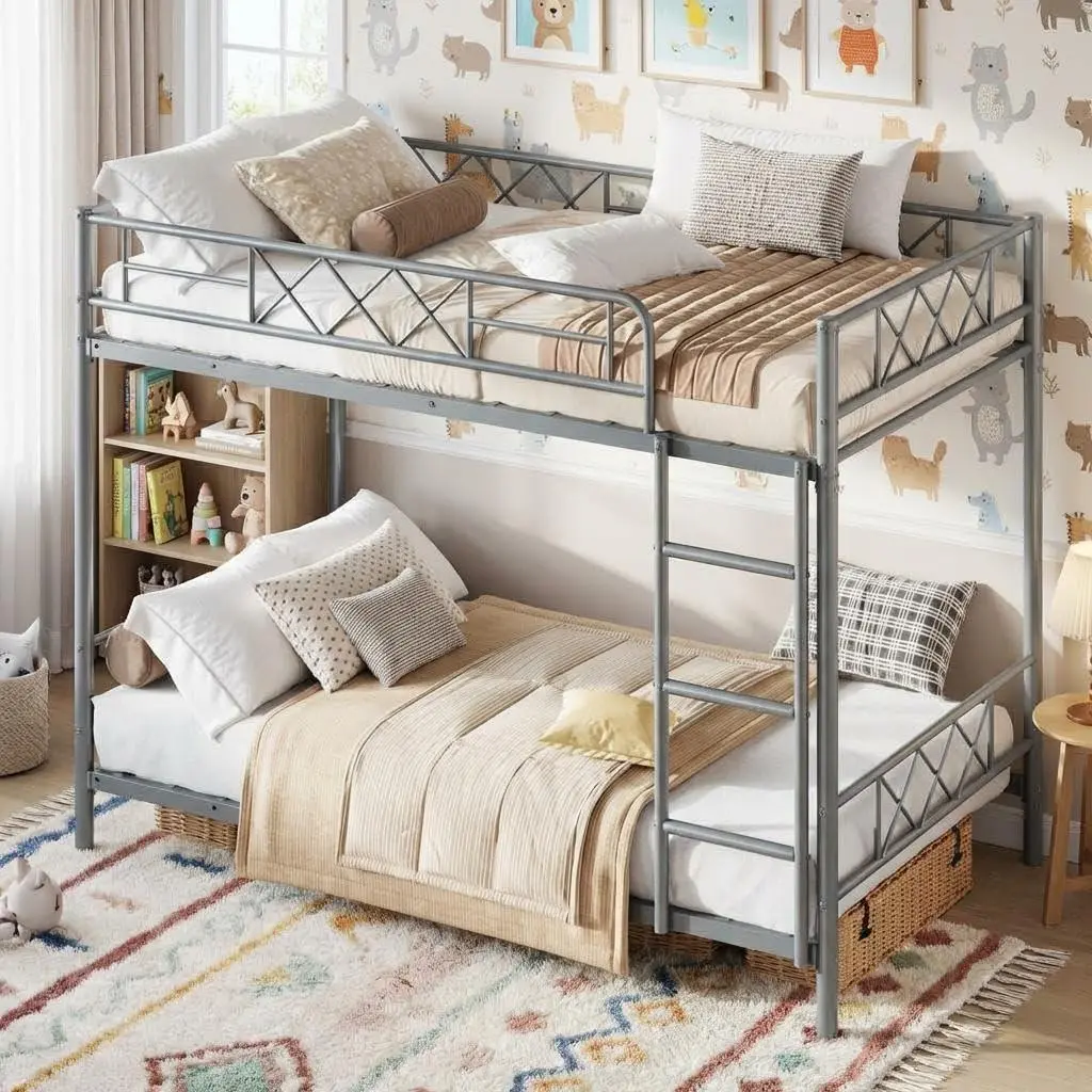 Garvee Twin Over Twin Bunk Bed for Kids, Teens & Adults, Heavy Duty 2-Tier Bed with Stairs, Full-Length Guardrails, Metal Slats, No Box Spring Needed, Space-Saving Design, Grey