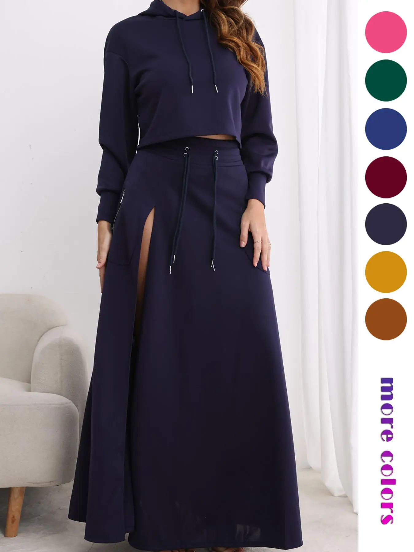 Women's Solid Drawstring Hoodie & Split Thigh Skirt Set, Long Sleeve Top & Pocket Long Skirt, Casual Fashion Cozy Co-ord Set, Women Clothes