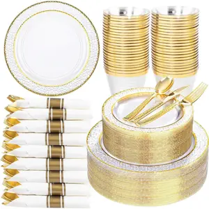 350PCS Clear Plastic Plates with Gold Trim for 50 Guests, Disposable Dinnerware Set for Wedding & Thanksgiving, Includes 100 Plastic Plates, 50 Pre Rolled Napkins with Gold Silverware, 50 Cups