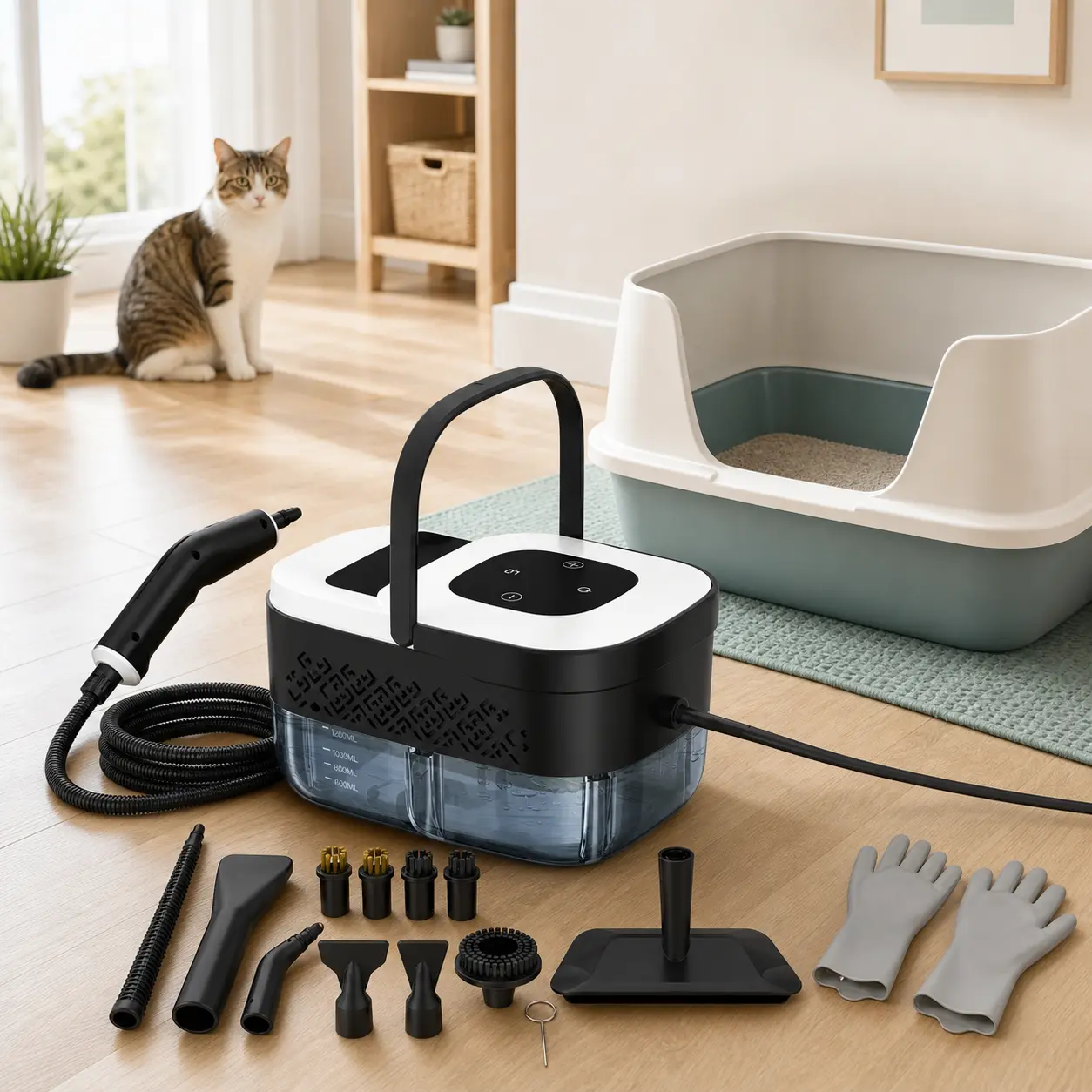 Portable Steam Cleaner for Pet Homes, 221°F High-Temperature Handheld Steamer with 15-Second Heat-Up, 6 Steam Levels, 16 Attachments for Litter Boxes, Floors, Crates, Feeding Areas & More