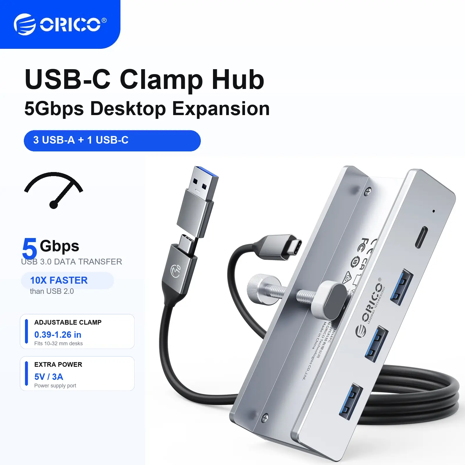 ORICO Hub USB 3.0, Hub USB con Abrazadera con Puerto de Alimentación Extra, Adaptador USB de Aluminio de 4 Puertos con 3 Puertos de Datos USB-A, Puerto USB-C para Monitores, Escritorios