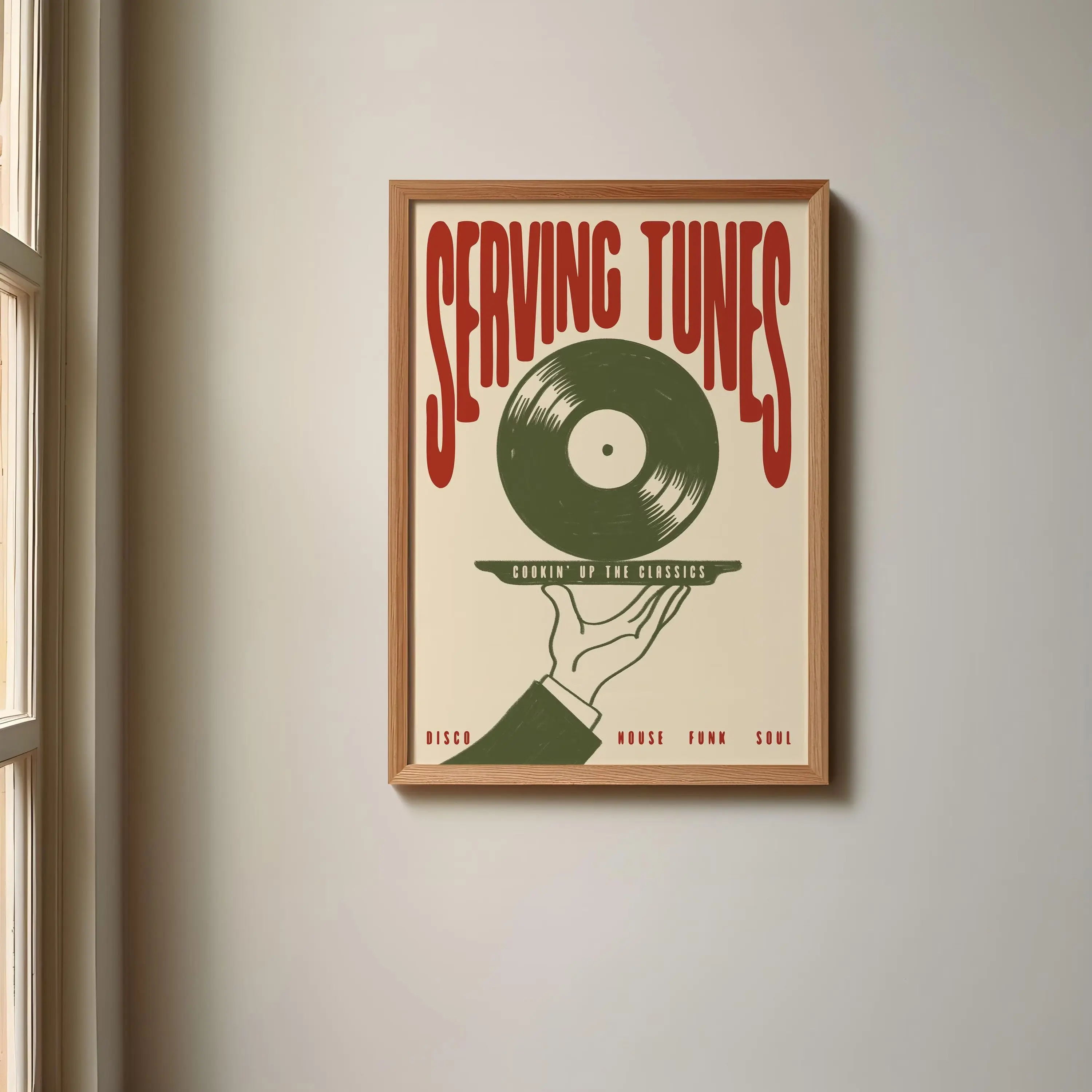 [Sale off up to 50%]-[FREE-SHIP] Serving Tunes Print - Music Poster - Home Decor - Vinyl - Illustration - Record Bar - Trendy Retro - Disco and House - Mid Century