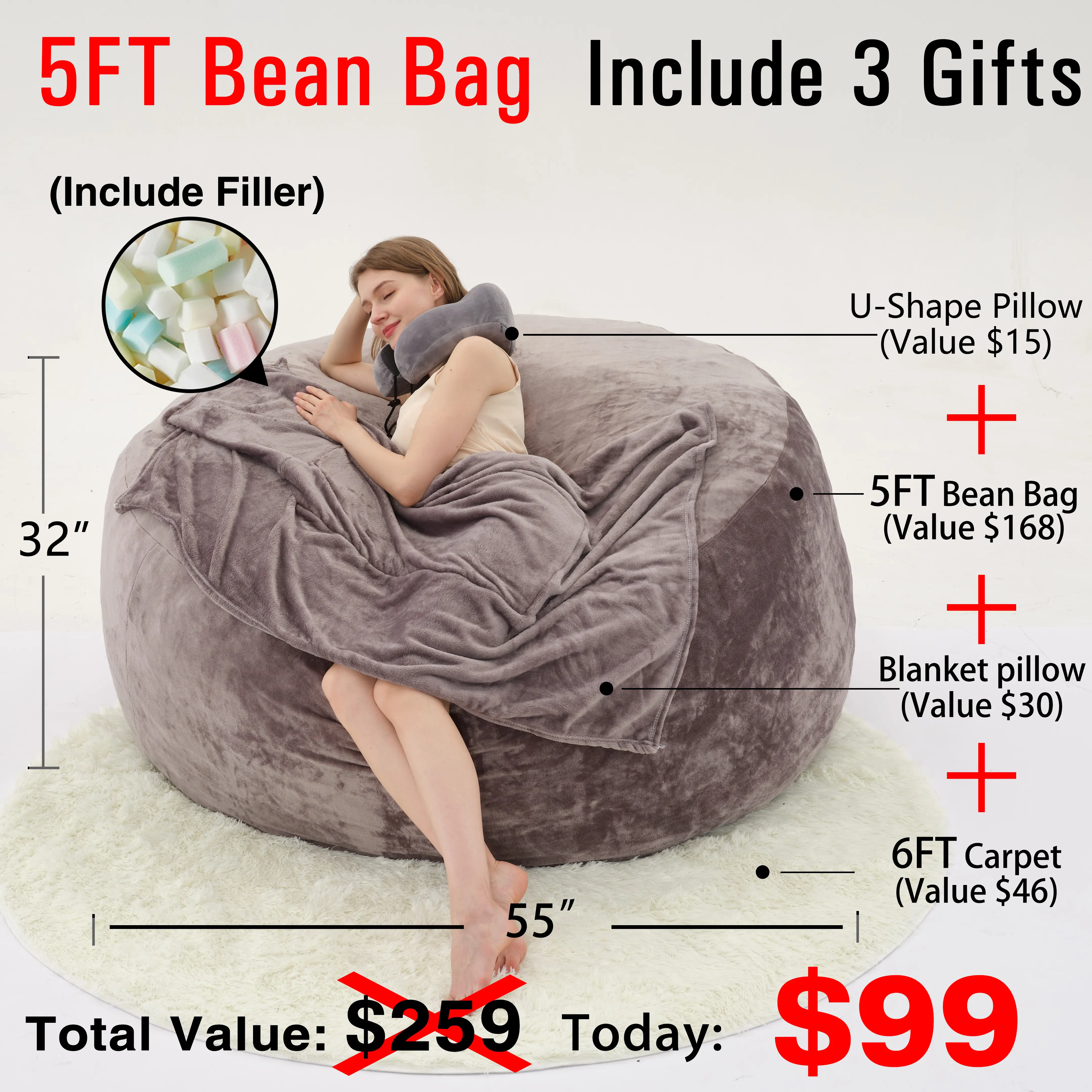 5FT Gray(Cover Filler U-pillow Blanket Carpet)