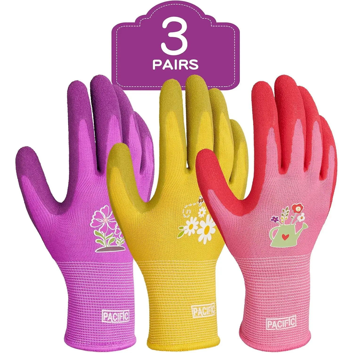 3 Pairs Gardening Gloves for women, Rubber Coated Garden Gloves, Ladies Yard Work Gloves, Breathable, Purple & Yellow & Red, Medium