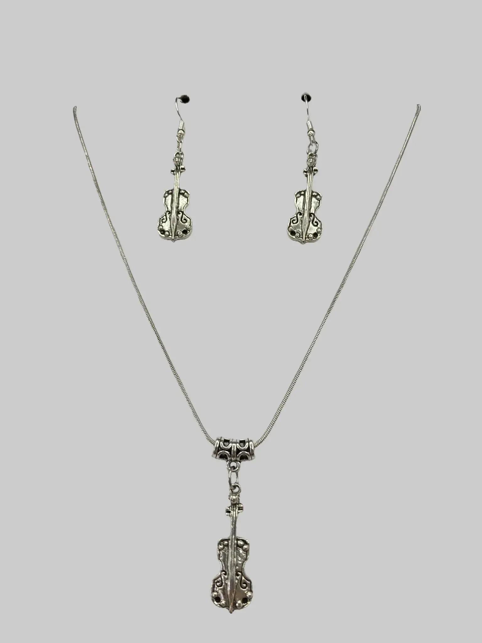 Violin Silver Plated Music Flair Accessory for Pierced Ears Unique Violin Design Eye-Catching Necklace and Earring Jewelry Set