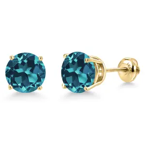 14K Yellow Gold London Blue Topaz Stud Earrings for Women | 5.00 Cttw | Gemstone November Birthstone | Round 8MM