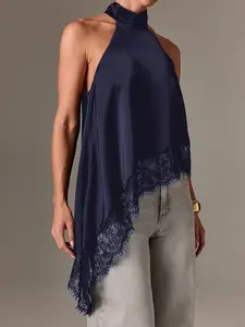 Elegant Chic Women's High Neck Asymmetrical Lace Trim Satin Fitted Top with Buttons, Perfect for Holiday Parties and Daily Wear