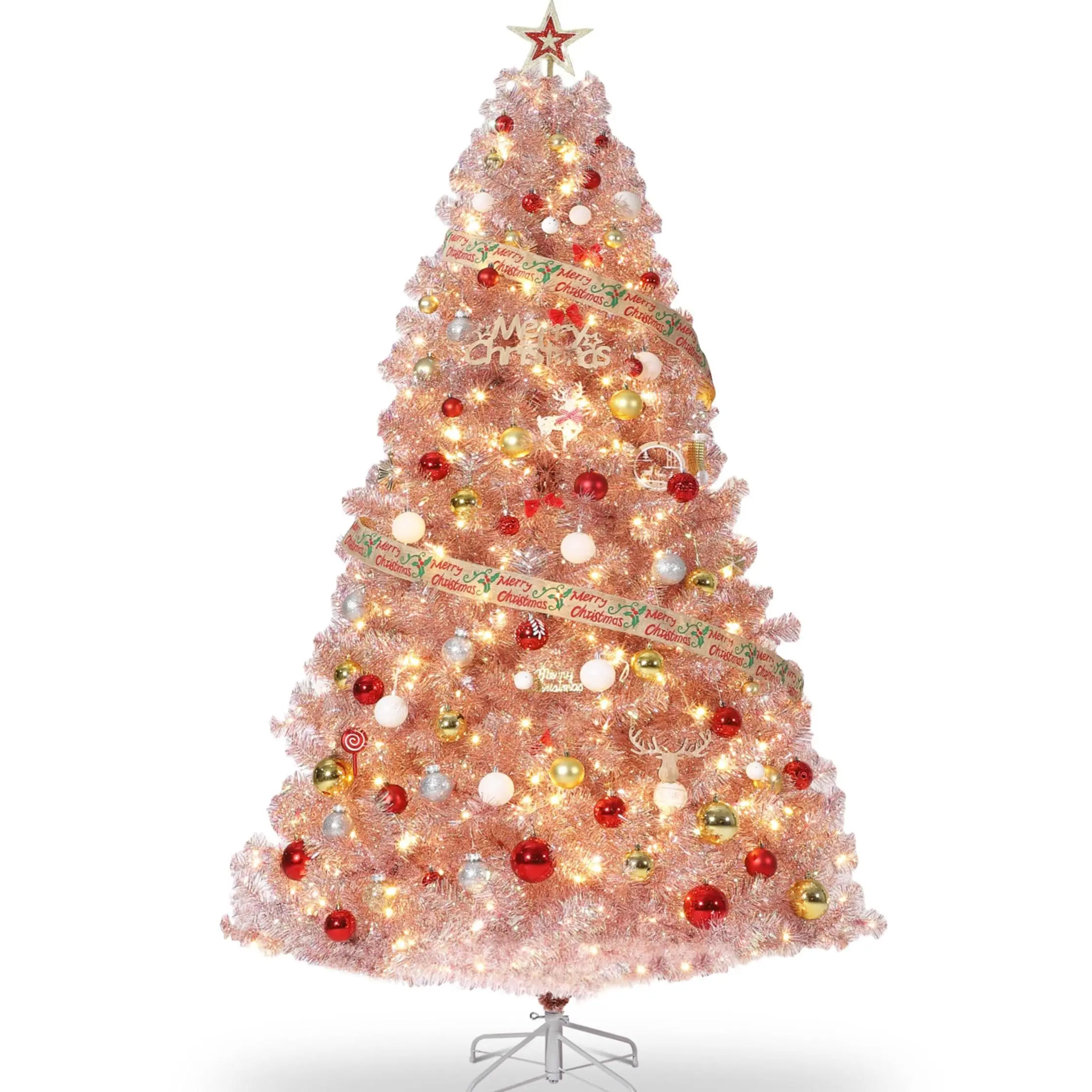 GAOMON 7.5 ft Slim Pencil Sturdy Modern PVC Prelit Rose Gold Tinsel Artificial Halloween/Christmas Tree - 450 Warm White Dual LEDs, 1180 Branch Tips, Stable Metal Stand, Switch-Included, Holiday Home Decor with Lights for Room