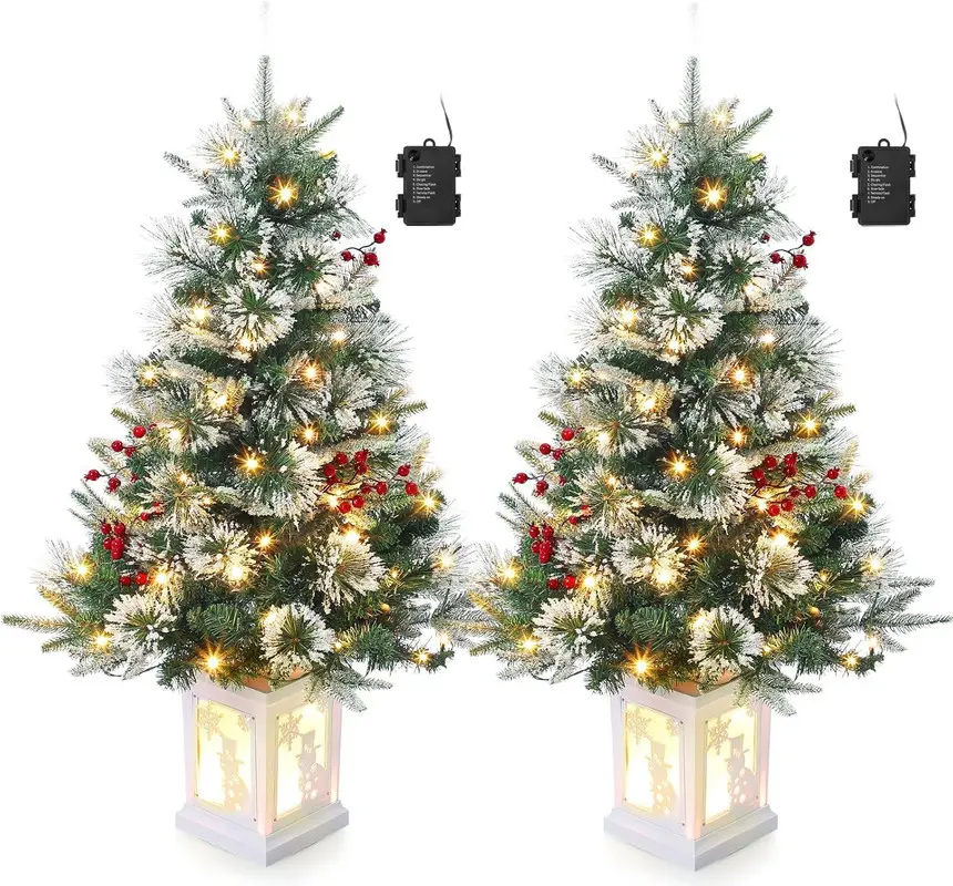 1PC 3-ft Lighted Indoor Christmas Tree - Holiday Decor with 8-Mode Snowman Base, 70 LED Lights, Timer Function, Dry Battery Power Box Insert Ornaments, Independent Lighting, Cherry-Like Berries (Batteries Required, Single Unit), 3-Foot