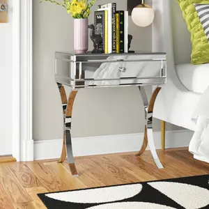 BLINGWORLD Mirrored Nightstand with Drawer, Mirror End Table Silver Bedside Table