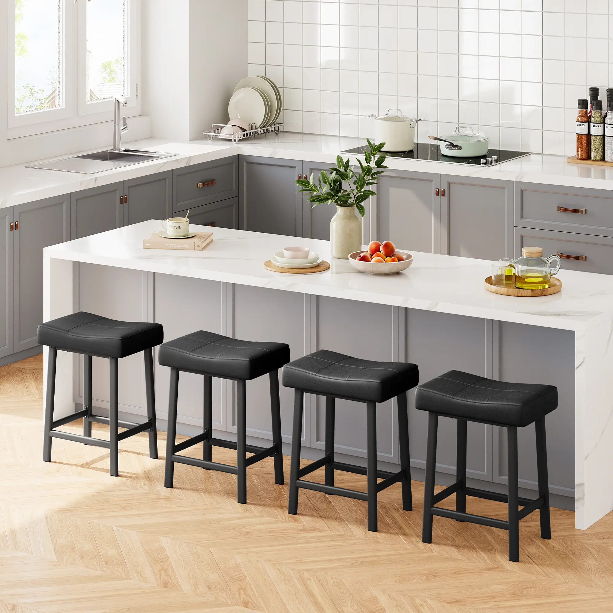 Counter Height Bar Stools Set of 4, 24 Inch PU Leather Barstools with Heavy Duty Metal Legs, Thick Saddle Seats Breakfast Stools for Kitchen Island, Bar, Dining Room, Easy Assembly