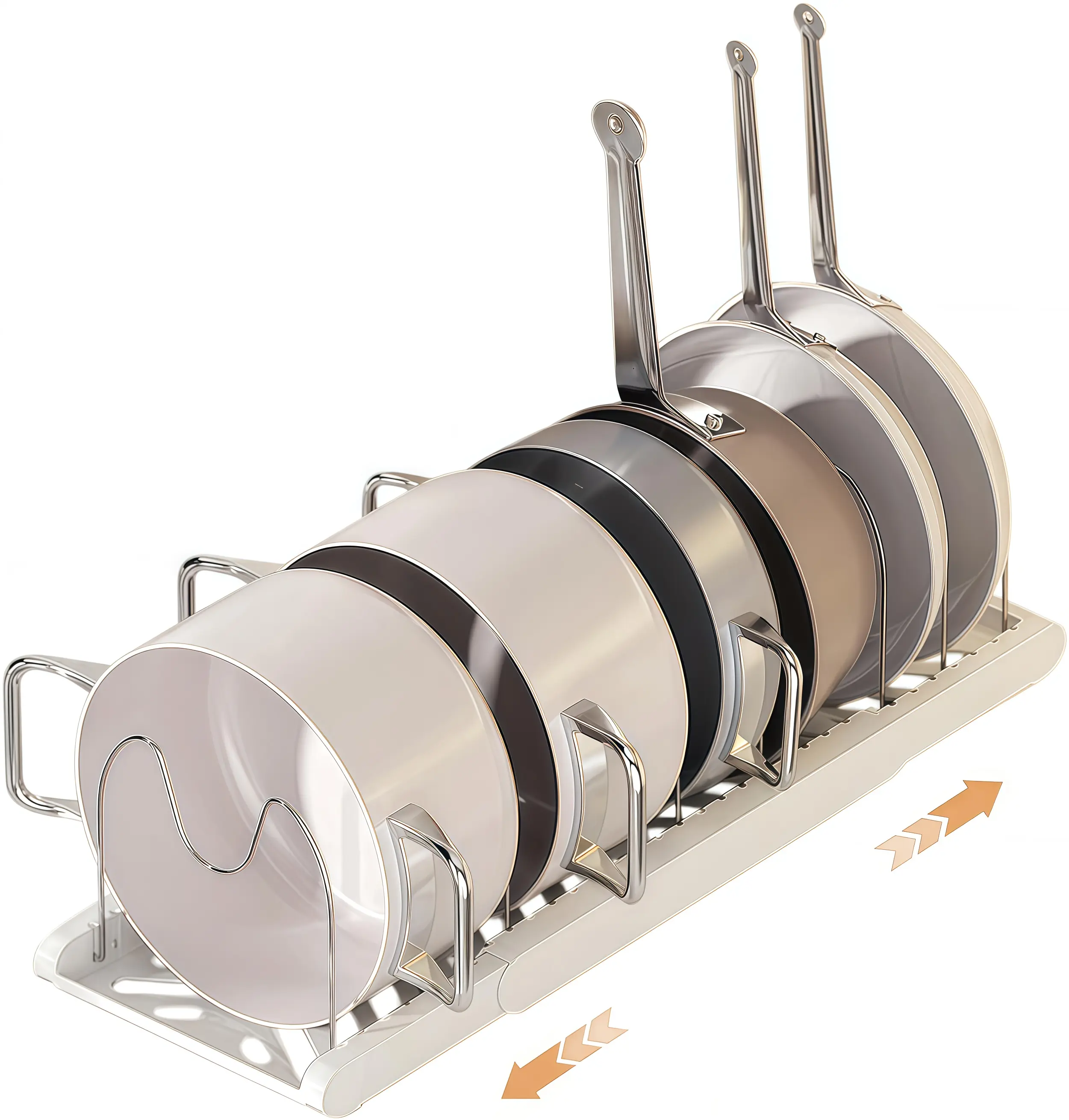 Expandable Pot and Pan Organizer Rack for Cabinet, Pot Lid Organizer Holder with 7 Stainless Steel Adjustable Dividers for Kitchen Cabinet Organizer and Storage White and Black
