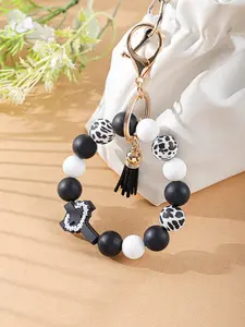Western Silicone Beaded Wristlet Trendy Cute Keychain with Cross | Leopard Print Key Ring Bracelet | Boho Car Accessories for Women