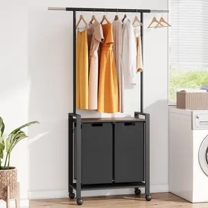2/3 Section Rolling Laundry Sorter with Hanging Rack, Removable Baskets, Rustic Organizer
