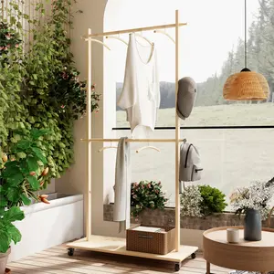 Wooden Heavy-Duty Clothes Rack with Wheels, 6 Hangable Rods, 2-Tier Portable Clothing Storage Organizer with Shelf for Bedroom, Entryway