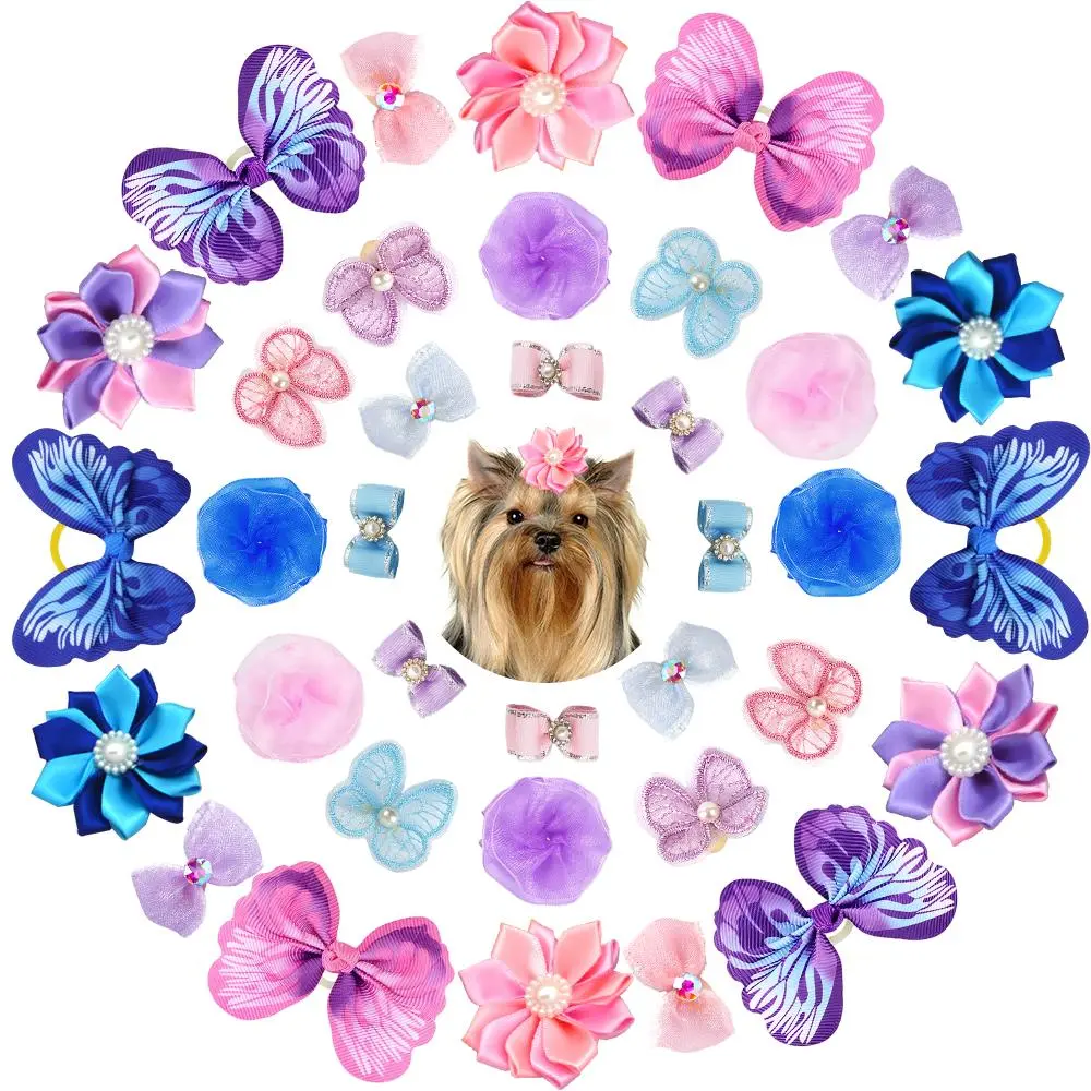 36 pcs Elastic Rubber Bands Mix Style Lace Rhinestone Pearls Rubber Bands Butterfly Flower Pearls Double Bow for Furry Puppy Cat Pet Girl