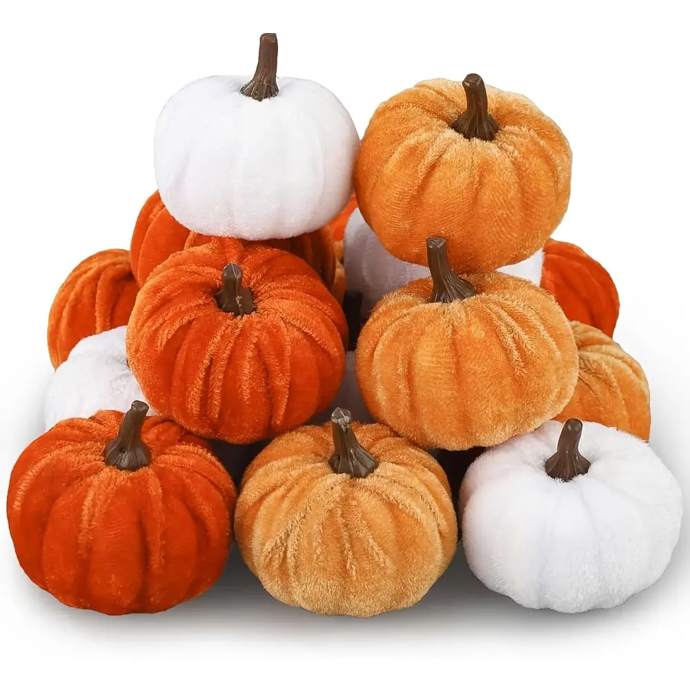 [Halloween, Thanksgiving] 9pcs Synthetic Flannel Pumpkin Decoration Set, Perfectly Suited for Halloween, Thanksgiving, and Autumn-Themed Living Room Decor, Also Ideal as a Tabletop Display for Pumpkin Festival Celebrations