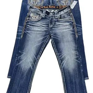 Hip Hop Harajuku Wide Pants Y2K New Gothic Revival  Jeans Foliage Bootcut Women Blue Denim Embroidery Pocket Streetwear