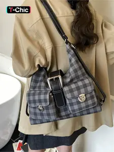 Large capacity checkered Adjustable crossbody shoulder tote bag with contrasting colors, fashionable and casual shoulder bag, high-end and stylish, versatile backpack, Chic Crossbody Purse