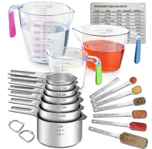 18-piece Measuring Cup and Spoon Set with Nesting Stainless Steel Cups and Spoons Plastic Cup & Refrigerator Magnet Converter for Dry Ingredients & Liquids Kitchen Utensils for Cooking Baking