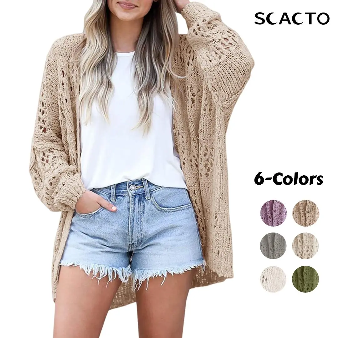 Scacto Women's Baggy Knit Cardigan - US Size Open Front Hollow Out Crochet Sweater with Tassels, Lightweight Comfortable Fabric Kimono for Casual Wear