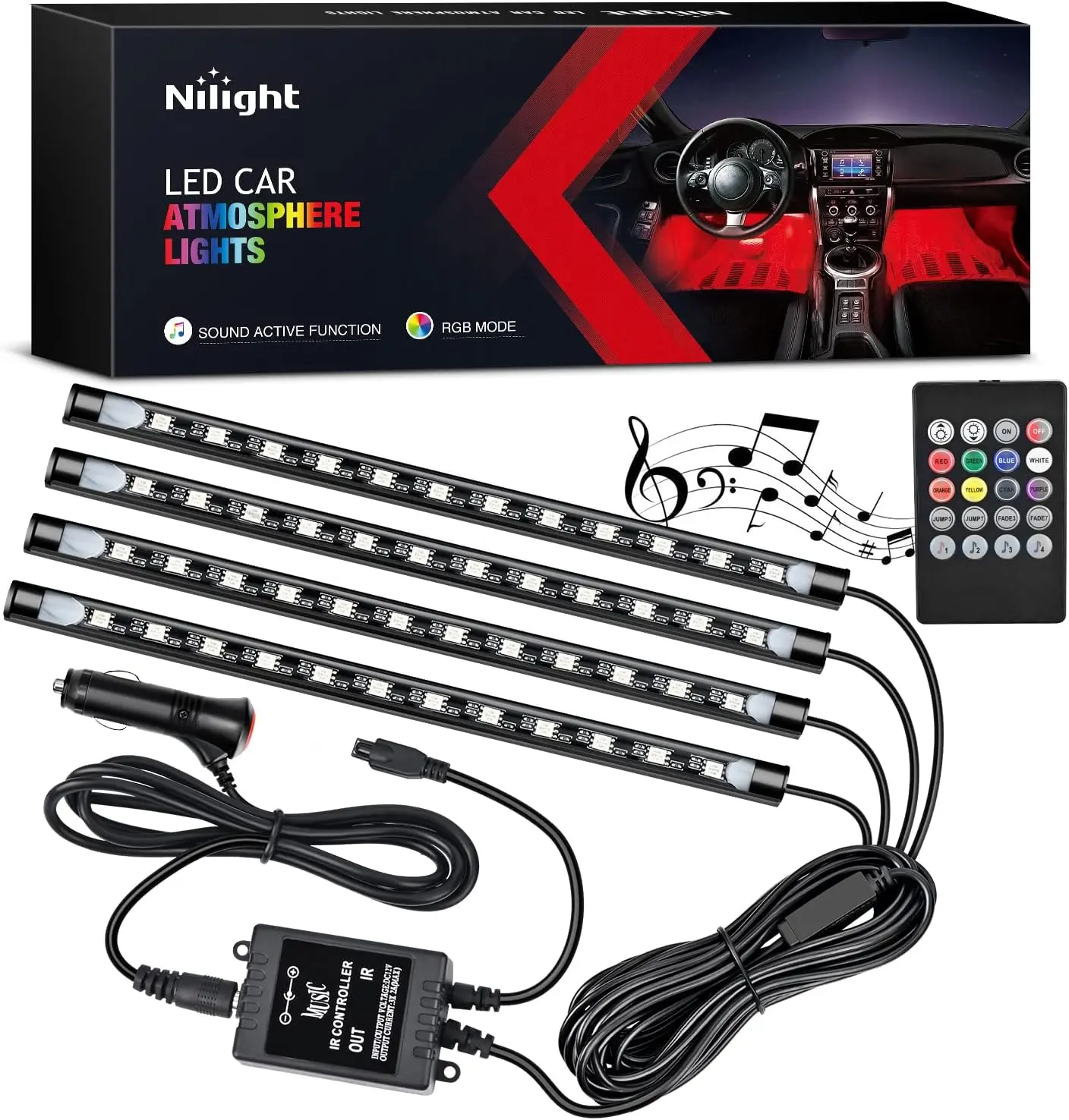 Nilight  4PCS 48 LED Interior Lights DC 12V Multicolor Music Car Strip Light Under Dash Lighting Kit with Sound Active Function and Wireless Remote Control tailgate  dealsforyoudays Rgb Waterproof, Ambient Lights, Cars