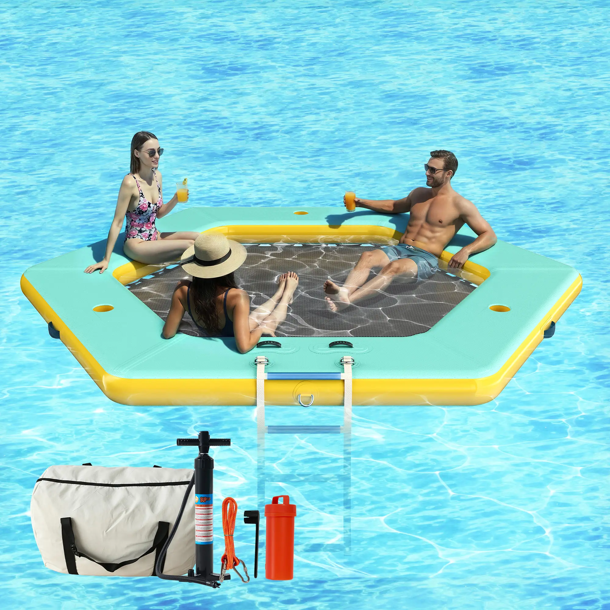 Inflatable Pool Raft for Adults, 8-12FT Large Heavy-Duty PVC Layered Water Hammock with Mesh Bottom, Built-In Mesh Pocket, Quick Drainage & Reinforced Handles for Lake, Beach Parties