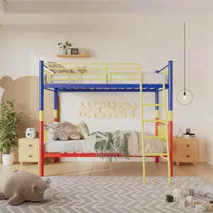 Metal Bunk Bed Twin Over Twin，Loft Bed with Removable Ladder and Full-Length Guardrail，Twin Bunk Beds Frame Heavy Duty Metal Slat Support for Adults, Kids and Young Teens