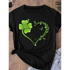 Graphic Tee Plus Size, Clover Print Heart Pattern Slim Fit Round Neck T-Shirt- Spring Summer Women's Top Available in Plus Sizes