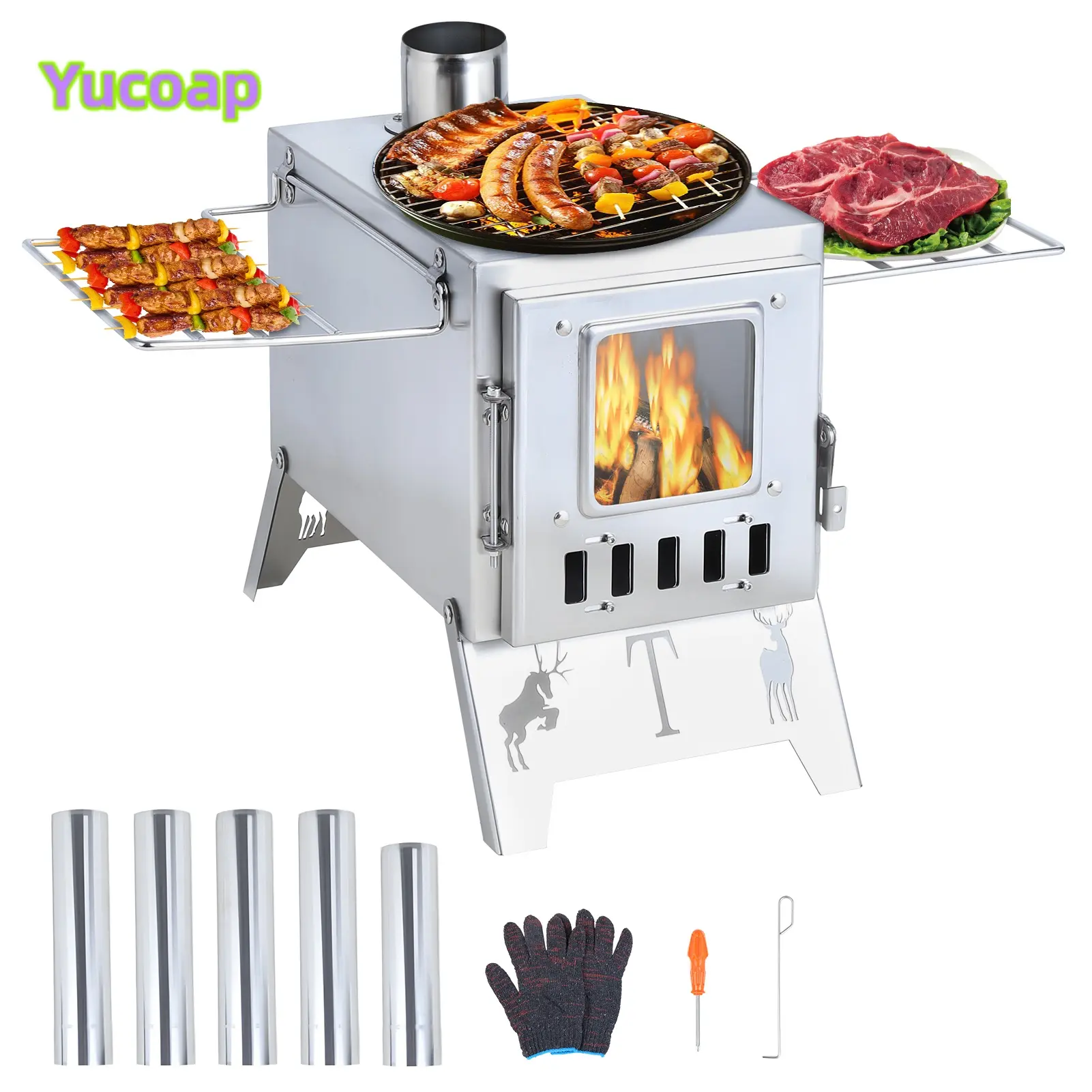 YUCOAP Stainless Steel Wood Burning Tent Stove with Large Firebox, Glass Viewing Window, Includes 5 Chimney Pipes for Camping, Hunting and Ice Fishing